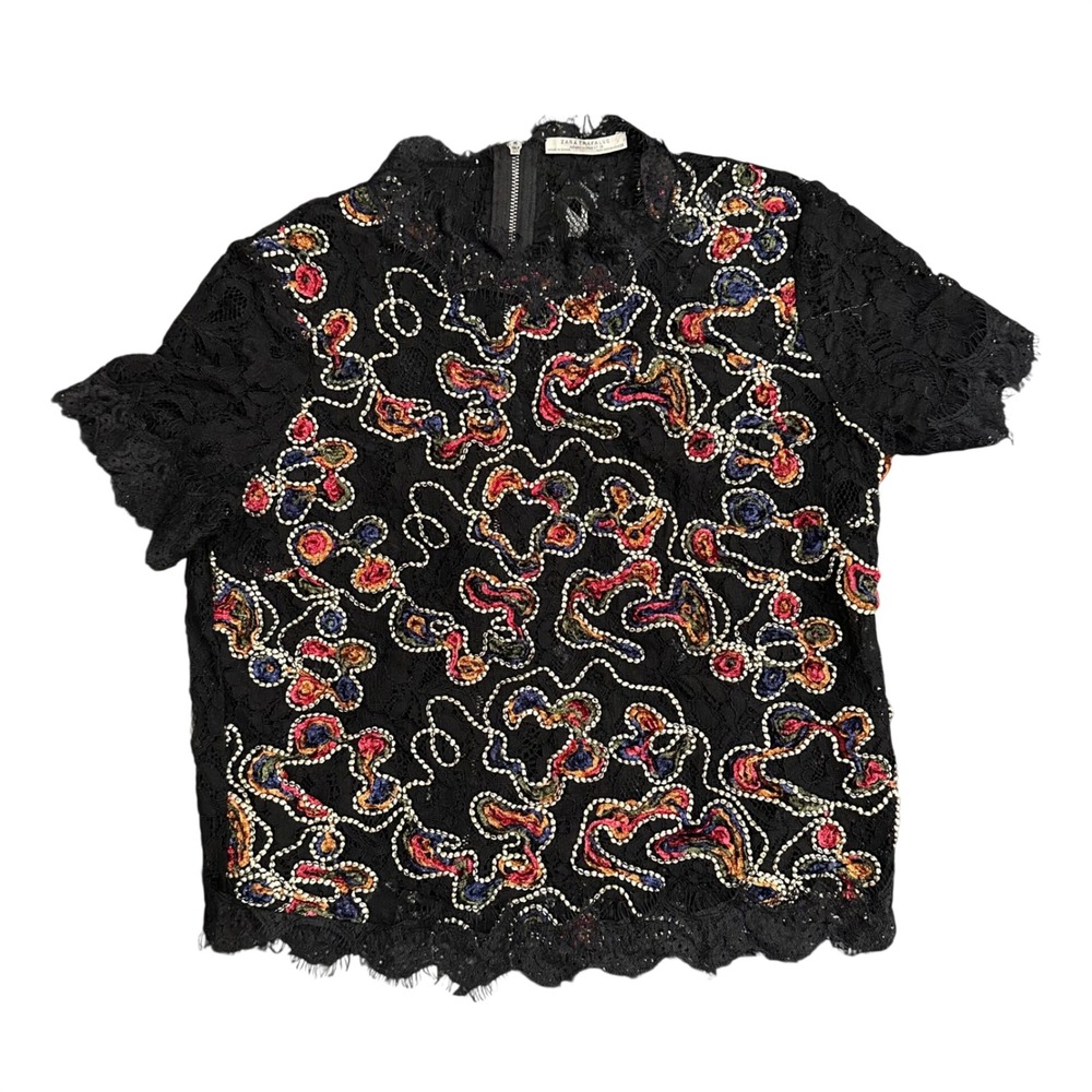 Zara Trafaluc Black Lace Embroidered High Neck Short Sleeve Top Full Back Zip M